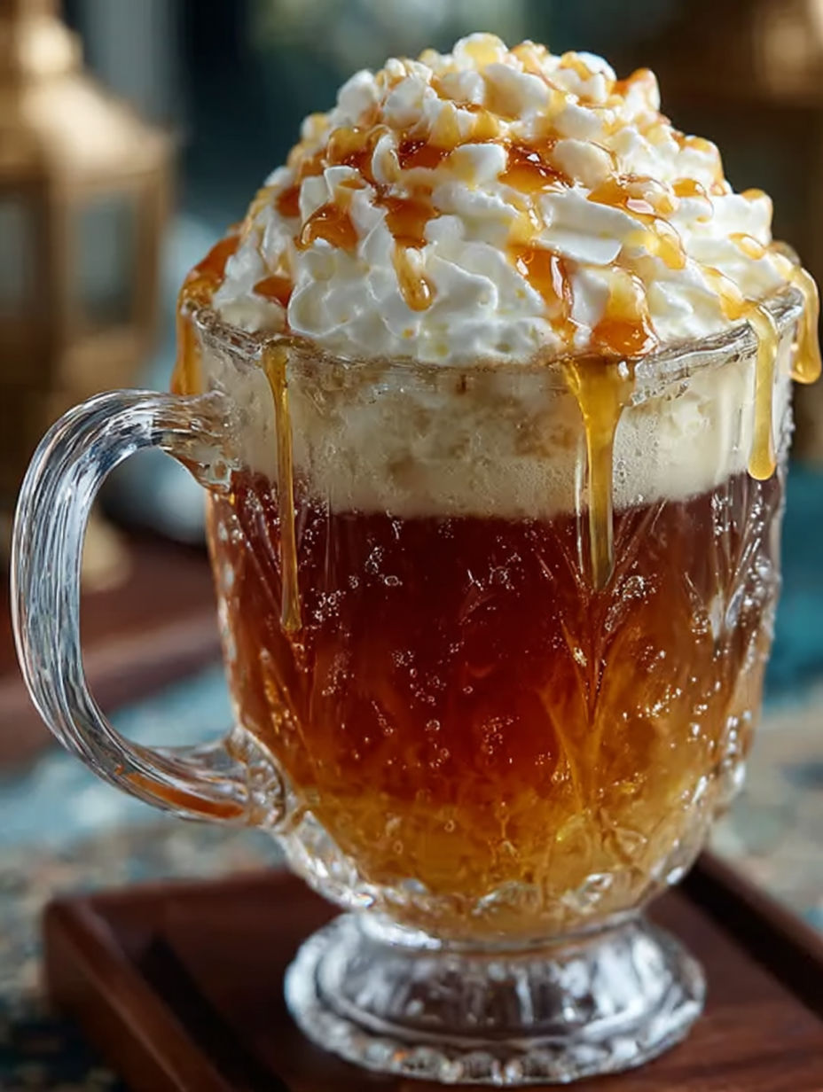 A glass of butterbeer with whipped cream.
