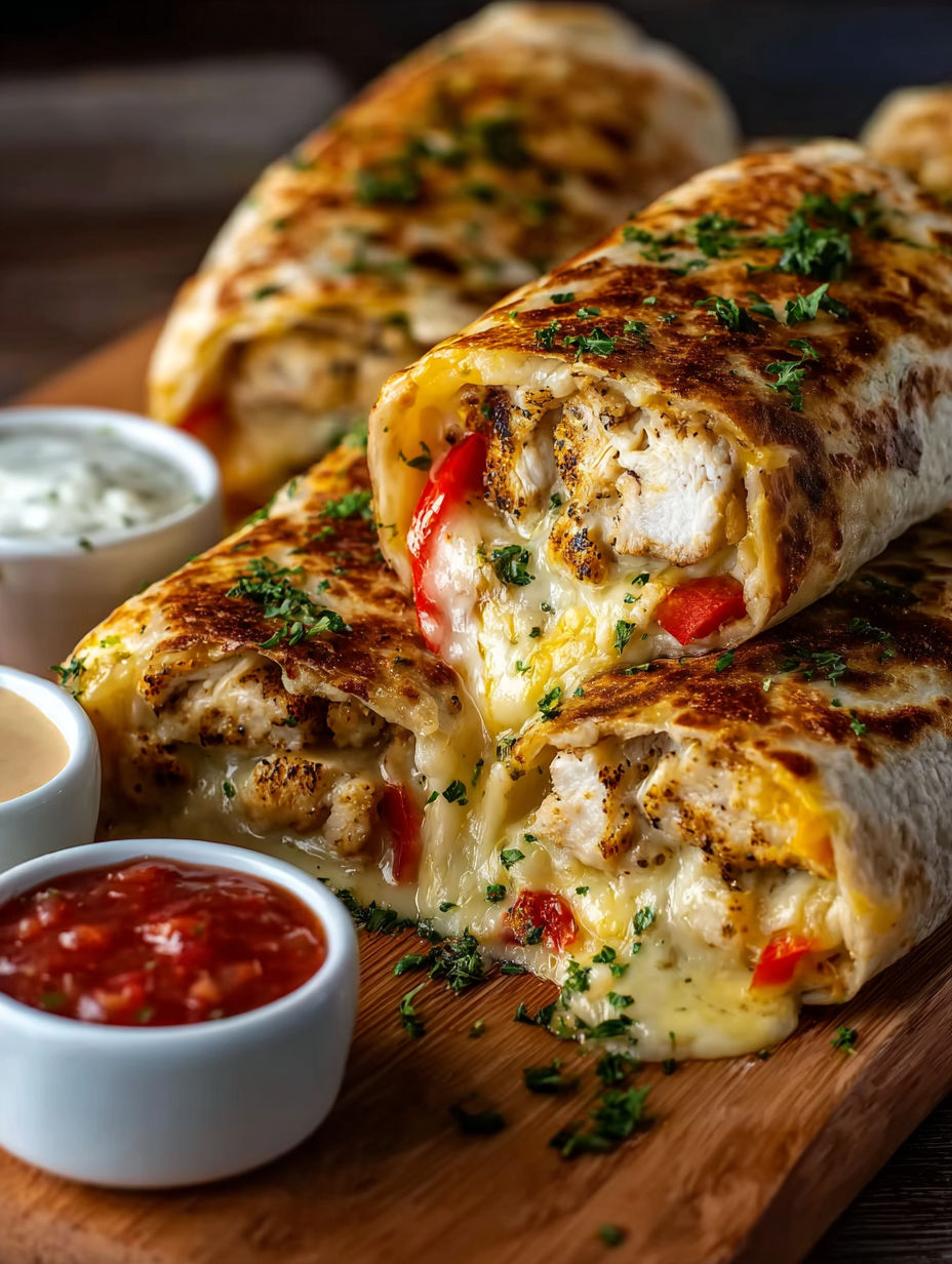 A delicious cheesy garlic chicken wrap.