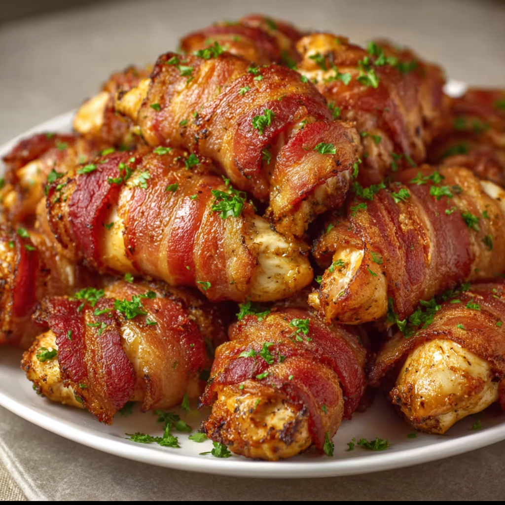 Bacon wrapped chicken tenders on a plate.