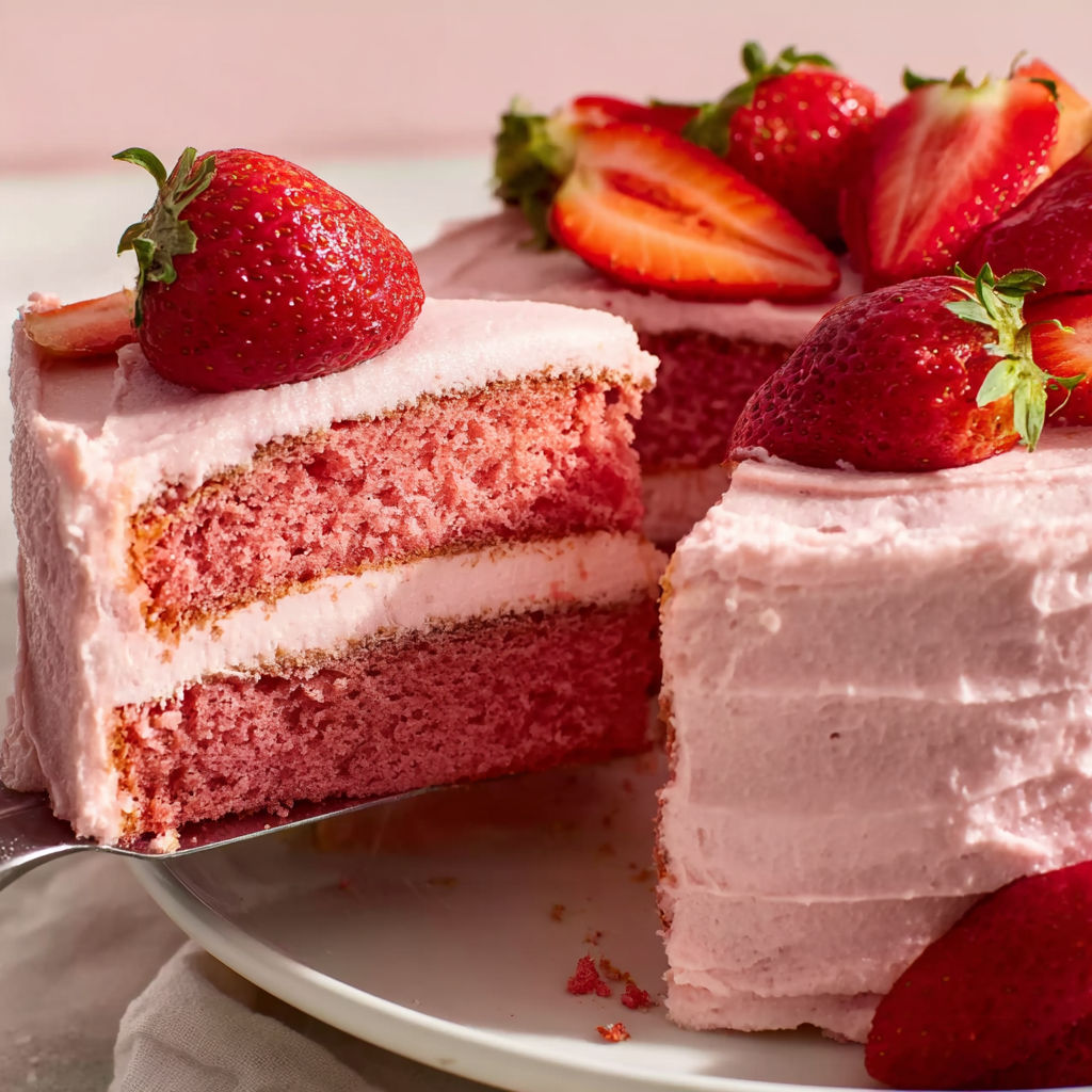 A slice of cake with strawberries on top.