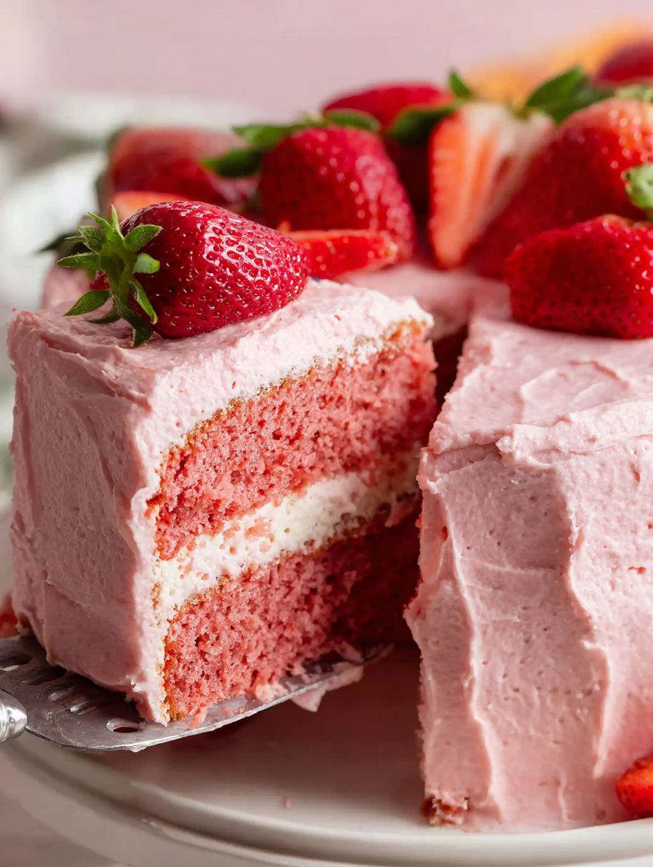 A slice of cake with strawberries on top.