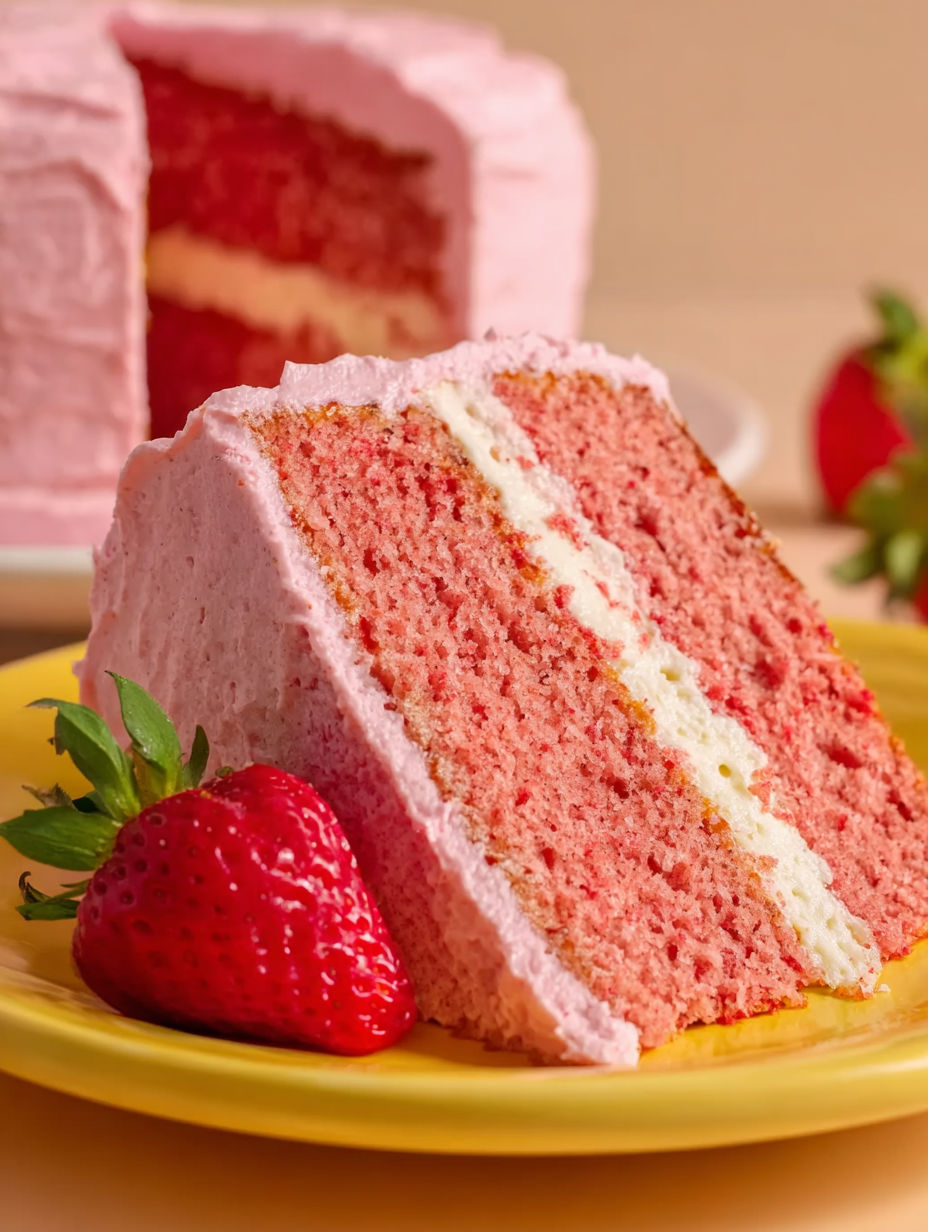 A slice of pink cake with white frosting and a strawberry on top.