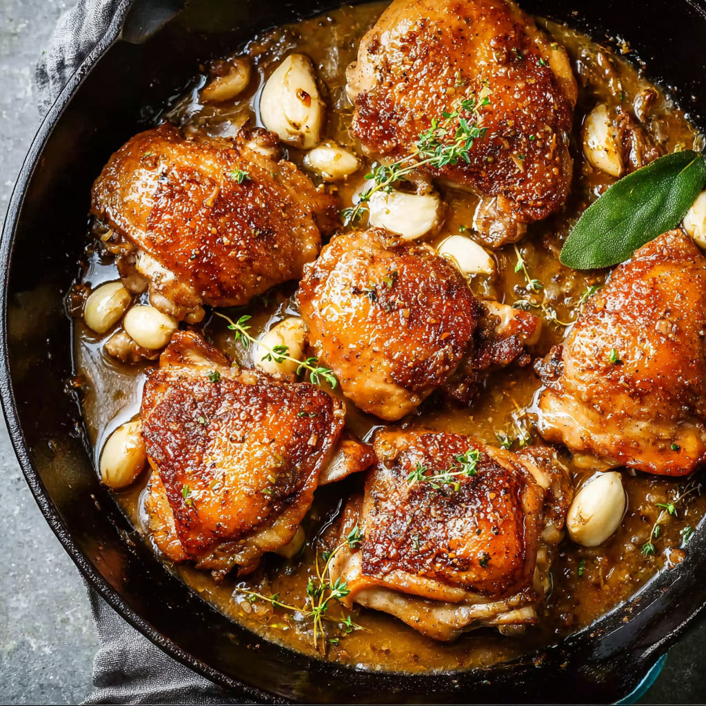 A pan of chicken with garlic and herbs.