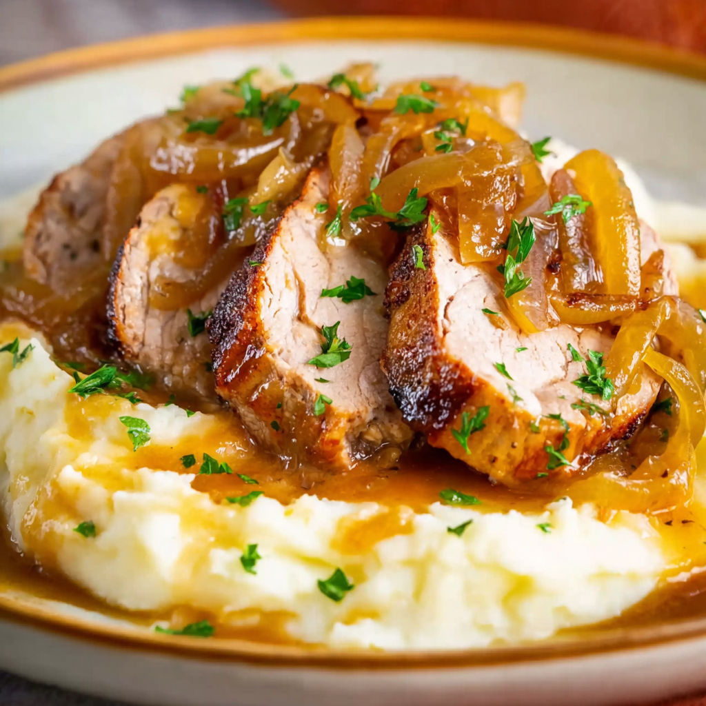A plate of food with pork and potatoes.