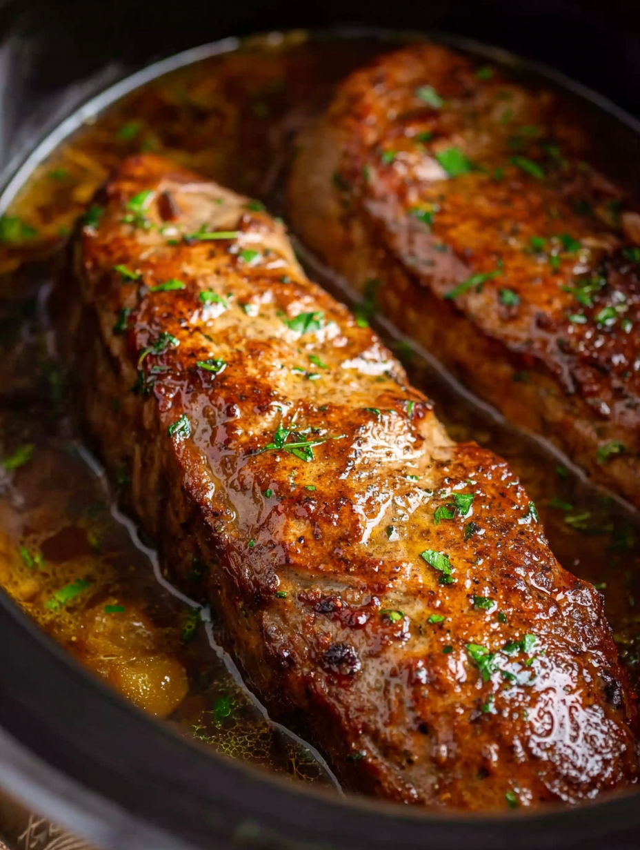 A close up of a pork tenderloin in a slow cooker.