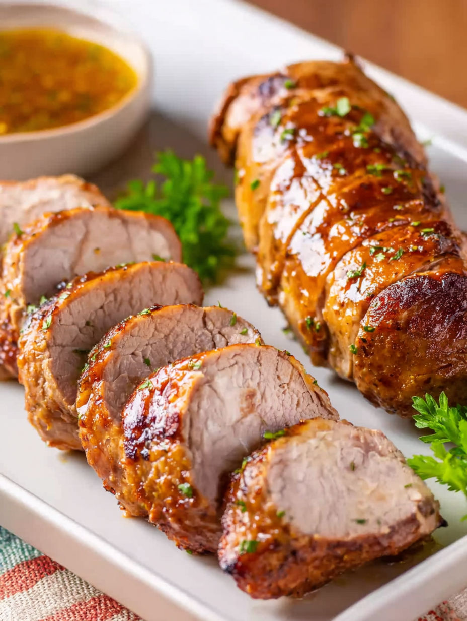 Slow cooker pork tenderloin with a side of sauce.