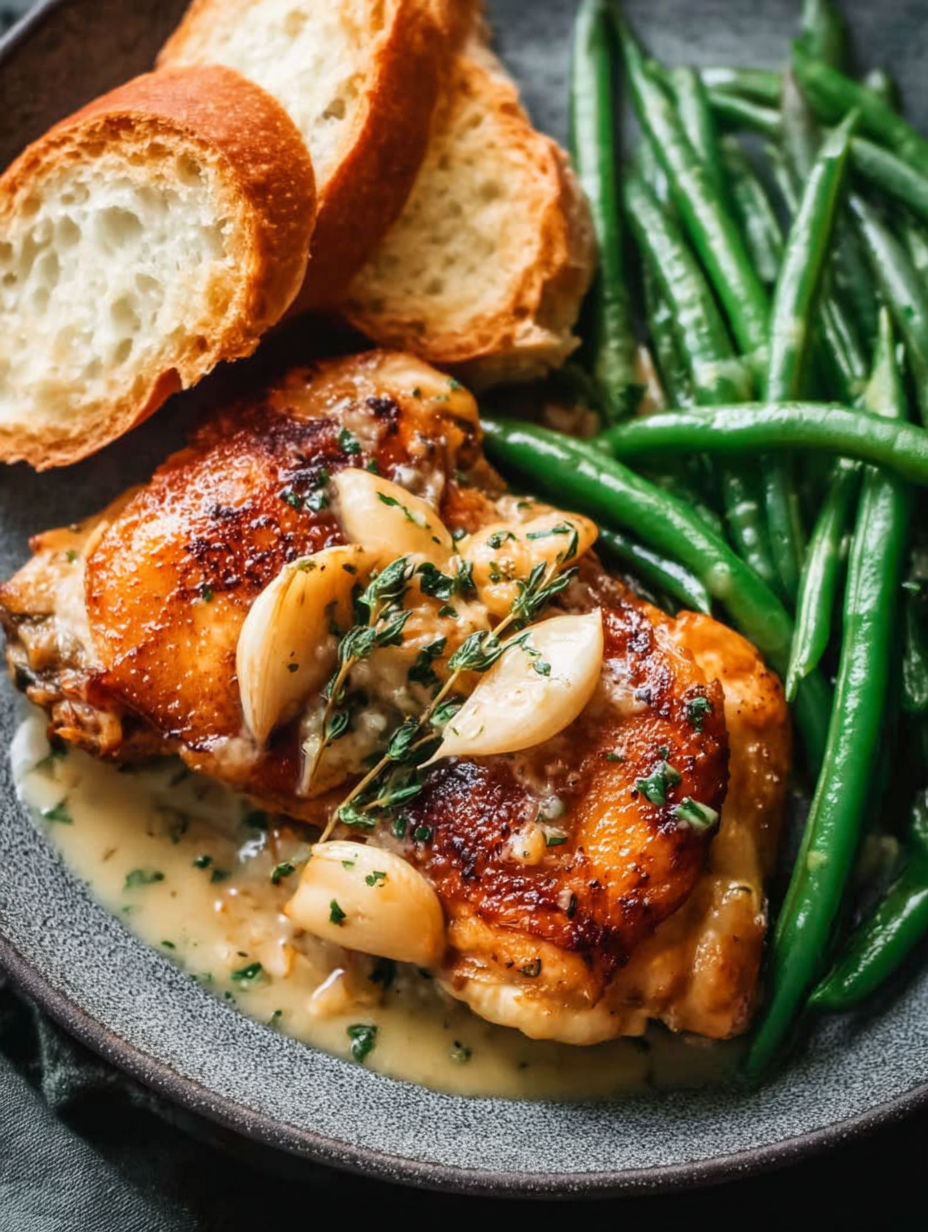 A plate of food with chicken, green beans, and bread.