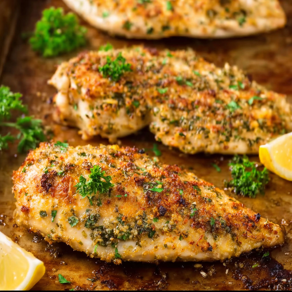 Baked garlic parmesan chicken with lemon wedges.