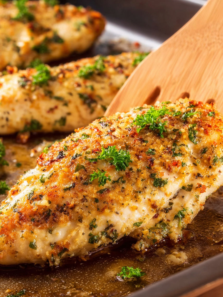 A piece of baked garlic Parmesan chicken.