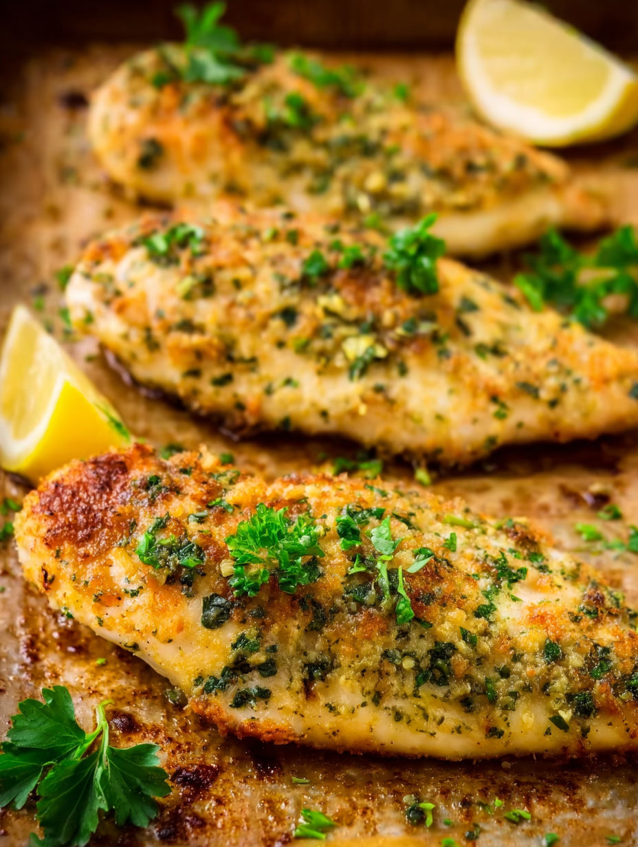 Baked garlic parmesan chicken with lemon wedges.