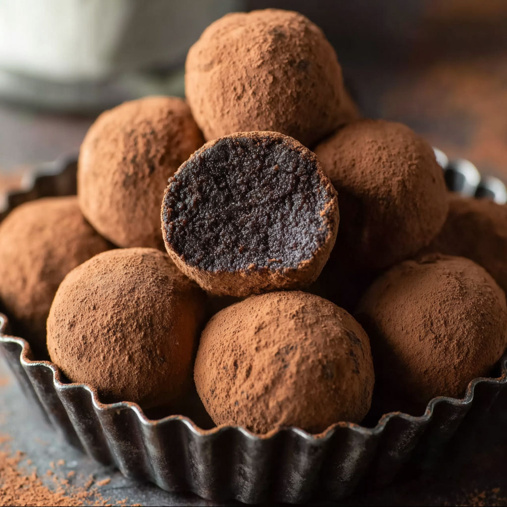 A bowl of chocolate balls with a black center.