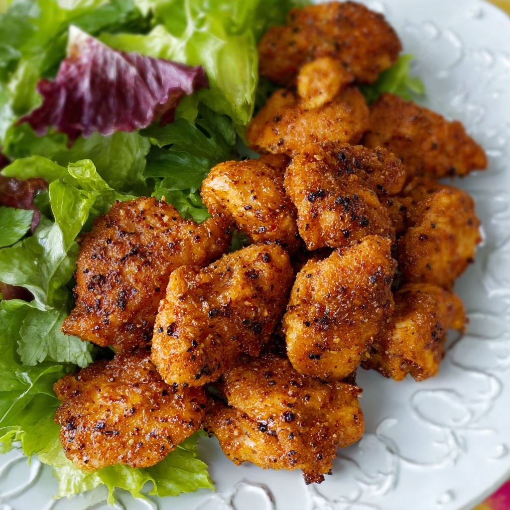 A plate of brown sugar mustard rubbed chicken bites.