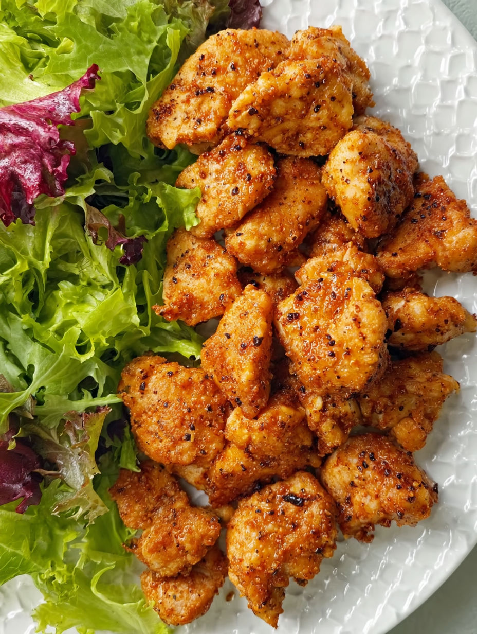 A plate of chicken bites with a brown sugar mustard rub.