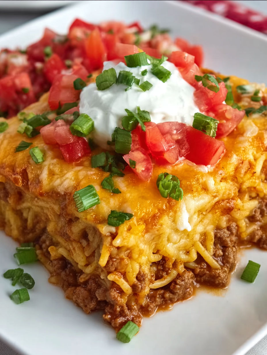 A cheesy taco spaghetti casserole with tomatoes and green onions.