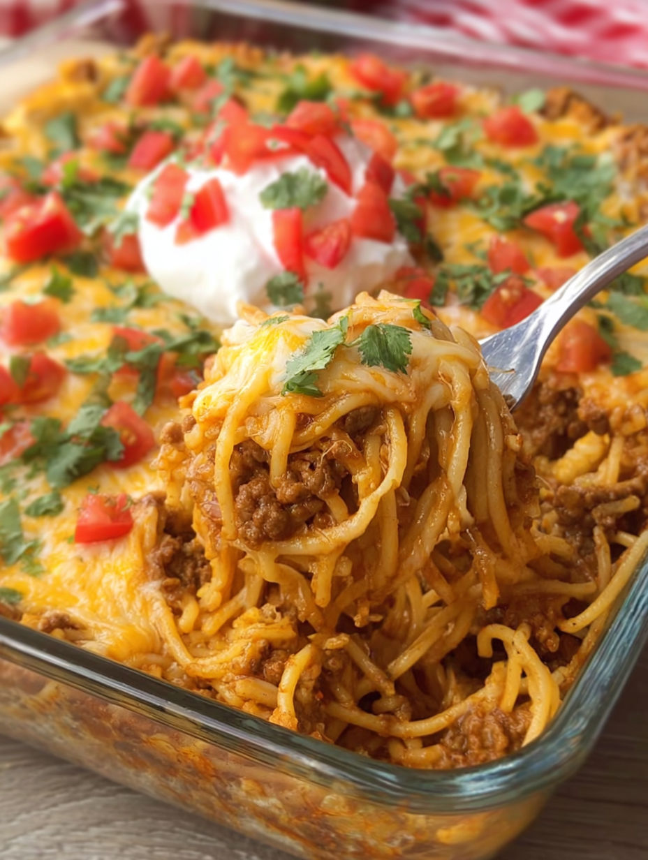 A fork is stuck in a cheesy taco spaghetti casserole.