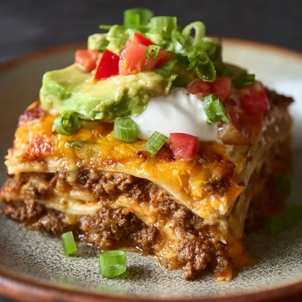 A cheesy taco lasagna dinner on a plate.