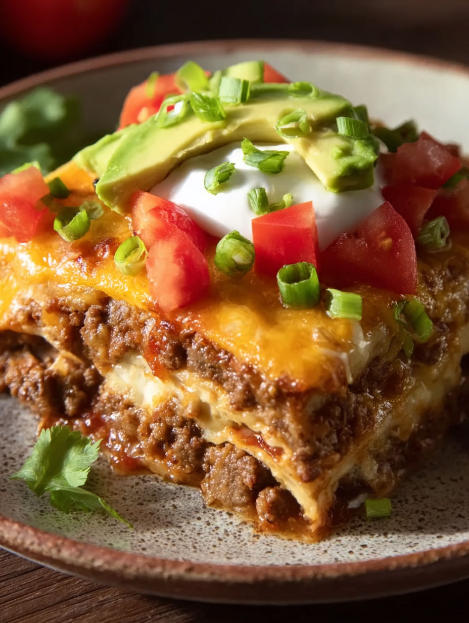 A cheesy taco lasagna dinner on a plate.
