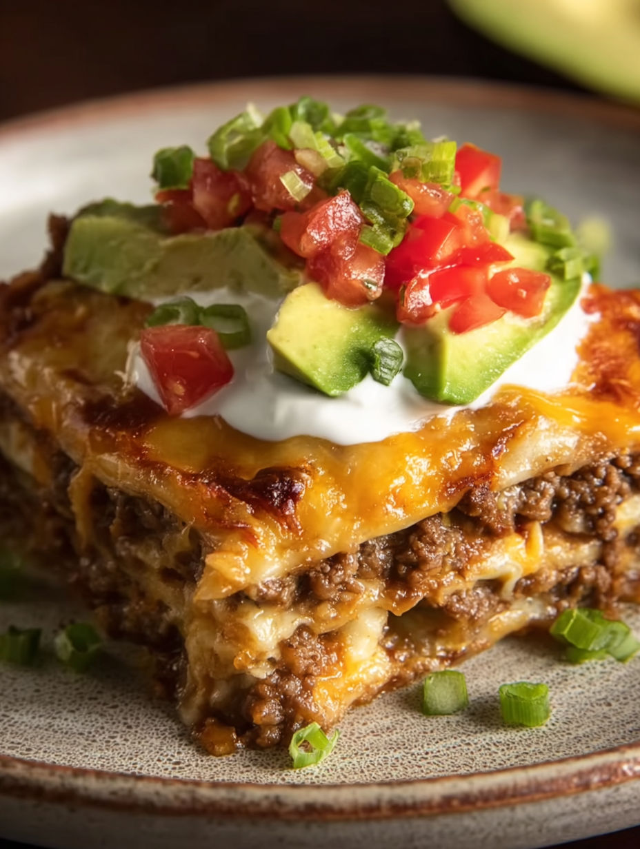 A cheesy taco lasagna dinner with tomatoes and avocado.