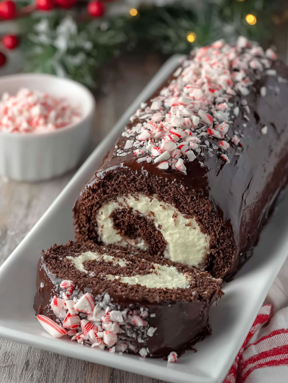 A peppermint ganache swiss roll cake.
