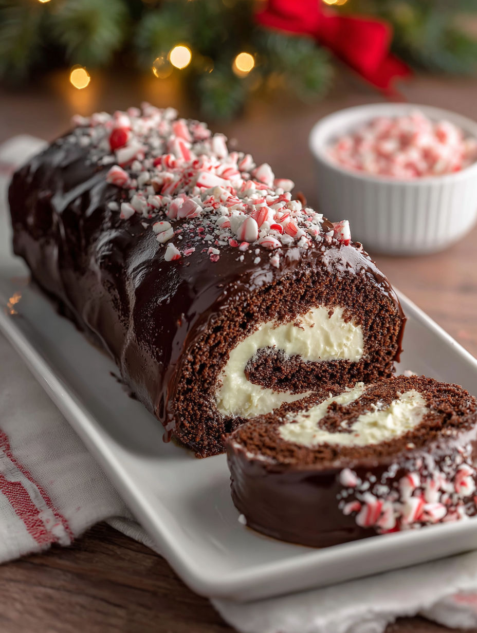 A peppermint ganache swiss roll cake.