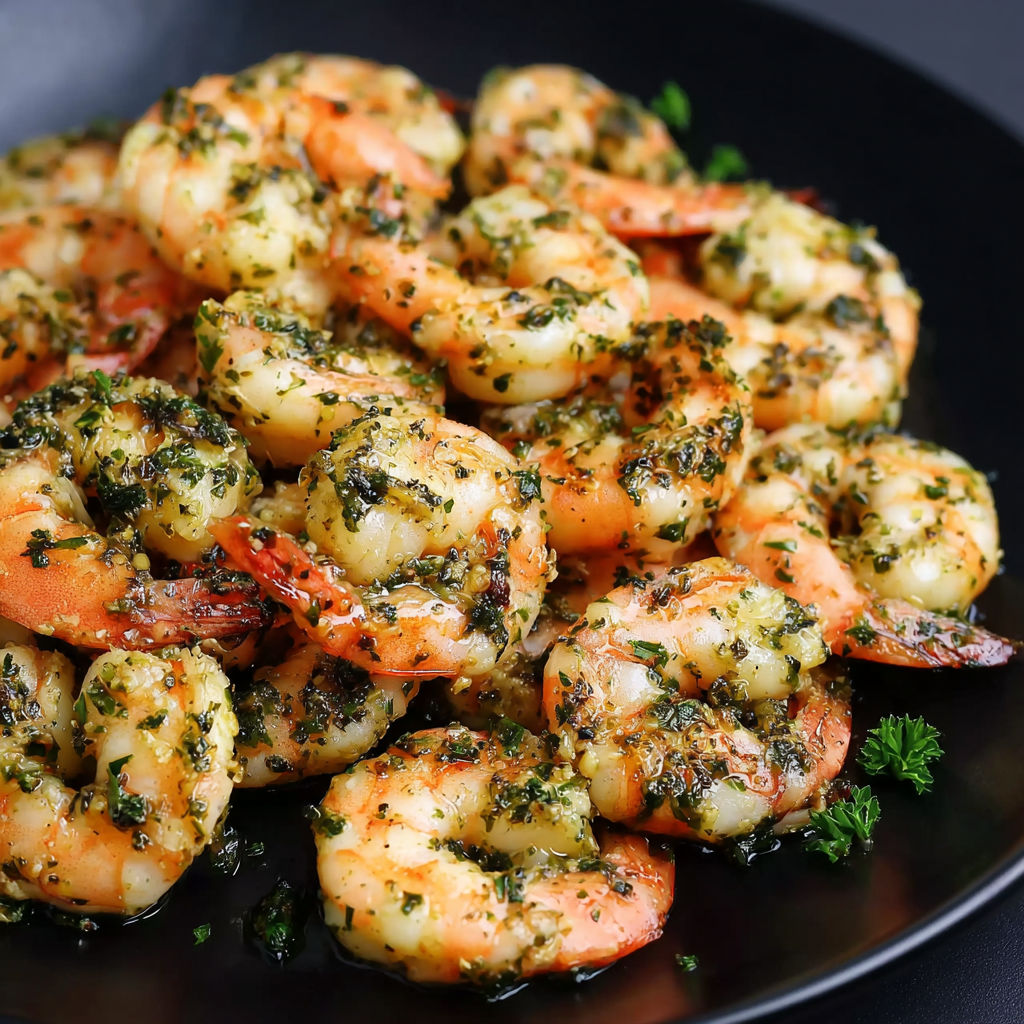 A plate of shrimp with garlic herb.