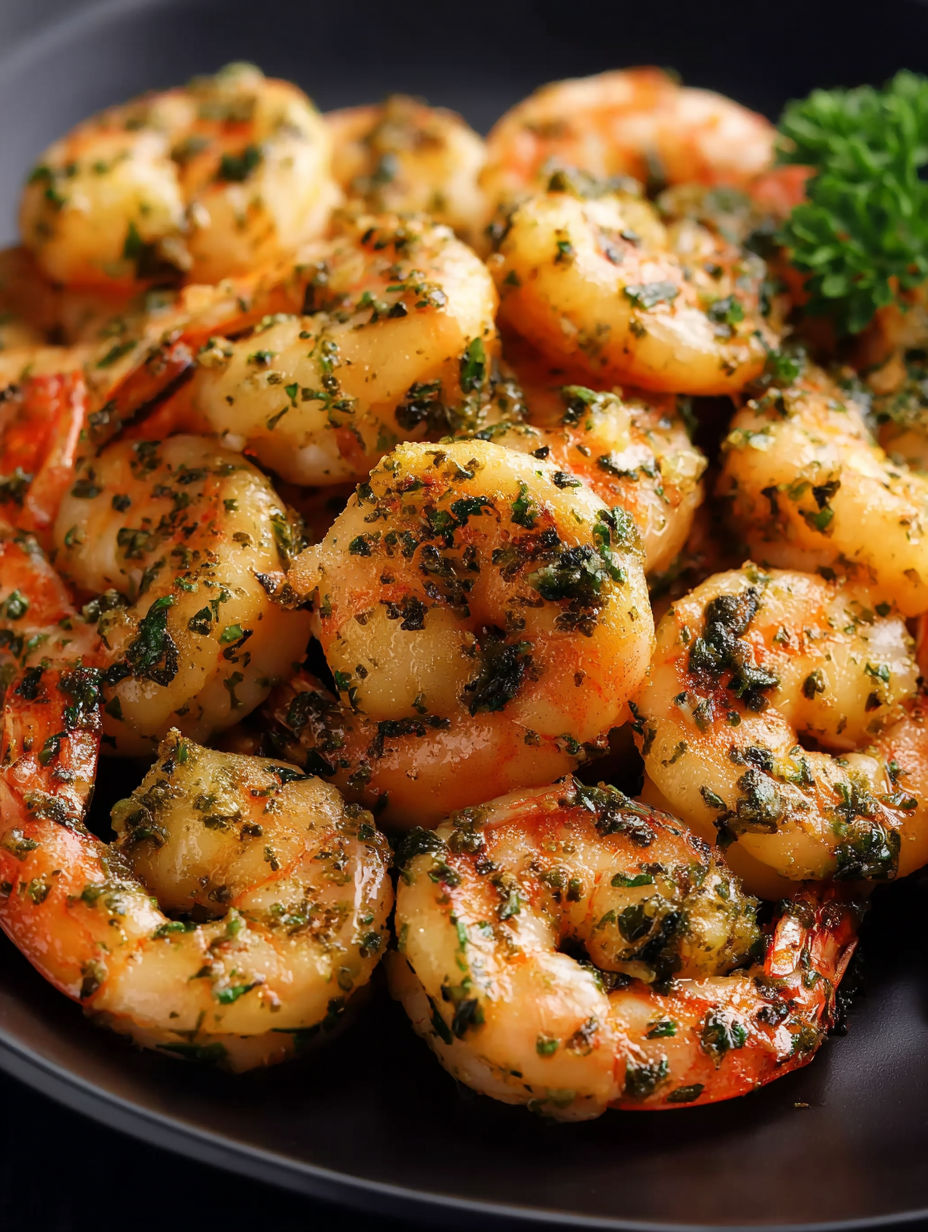 A plate of shrimp with garlic herb seasoning.