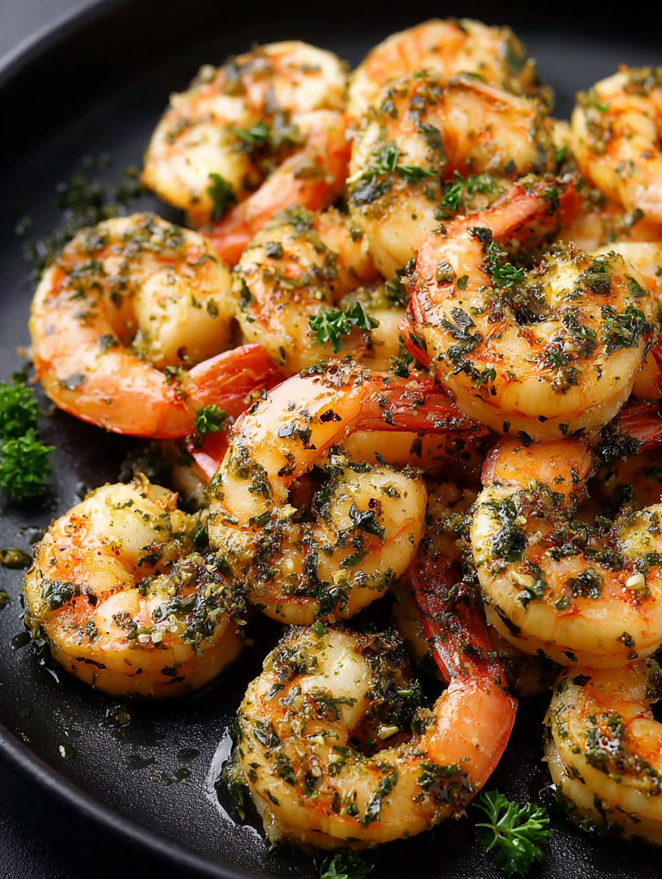A plate of shrimp with garlic and herbs.