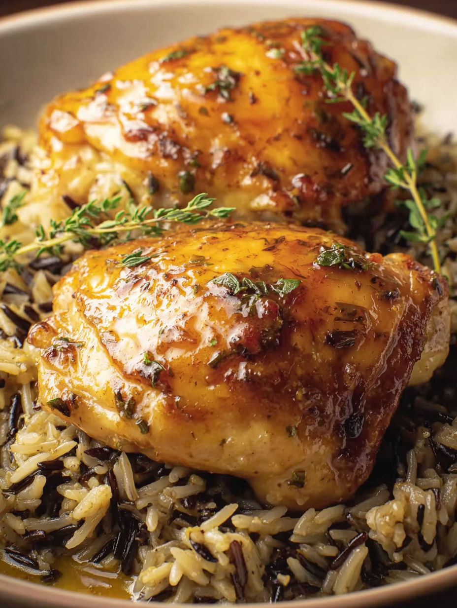 A close up of a piece of chicken on rice.