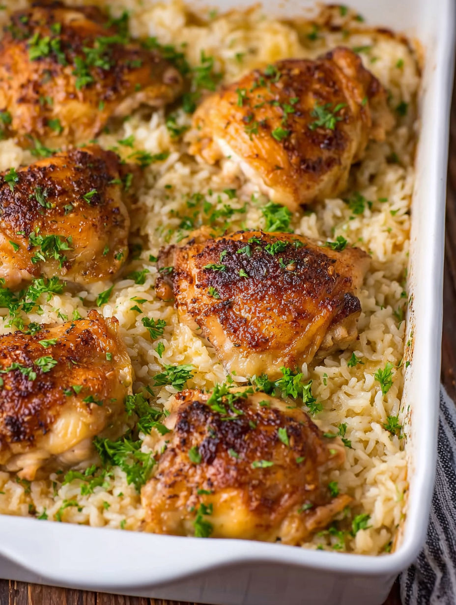 A dish of baked chicken and rice.