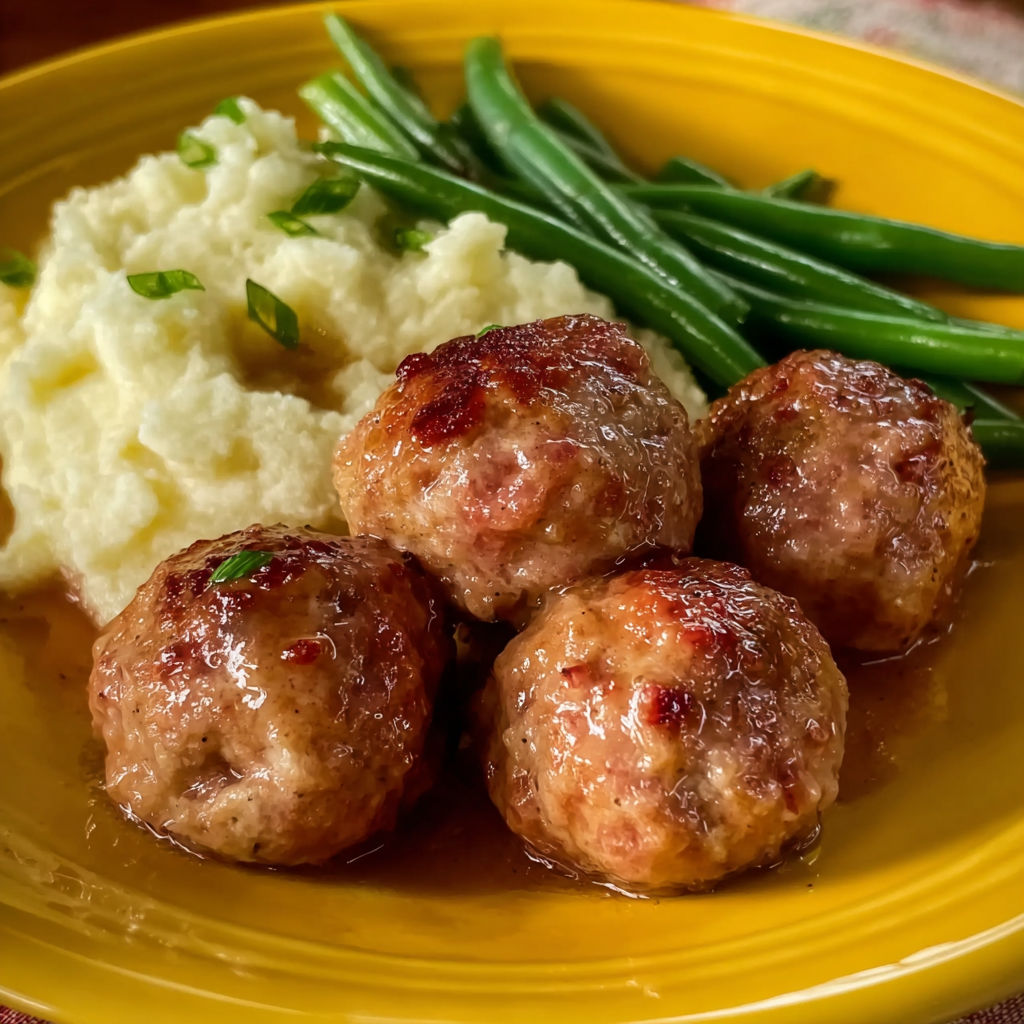A plate of farmhouse ham balls and mashed potatoes.