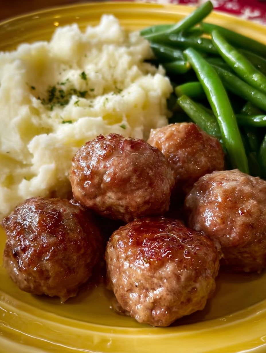 A plate of meatballs and green beans.