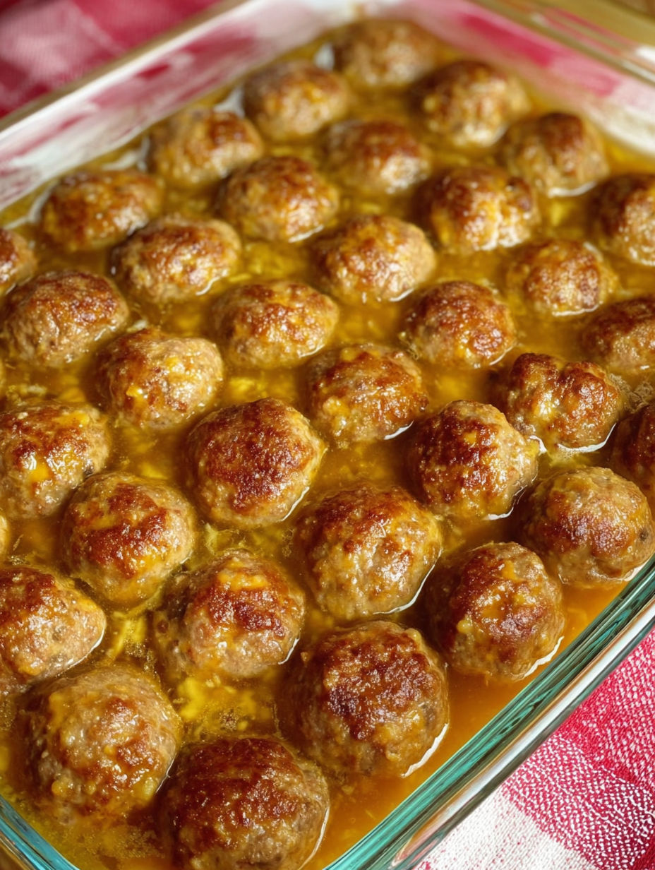 A dish of ham balls in a yellow sauce.