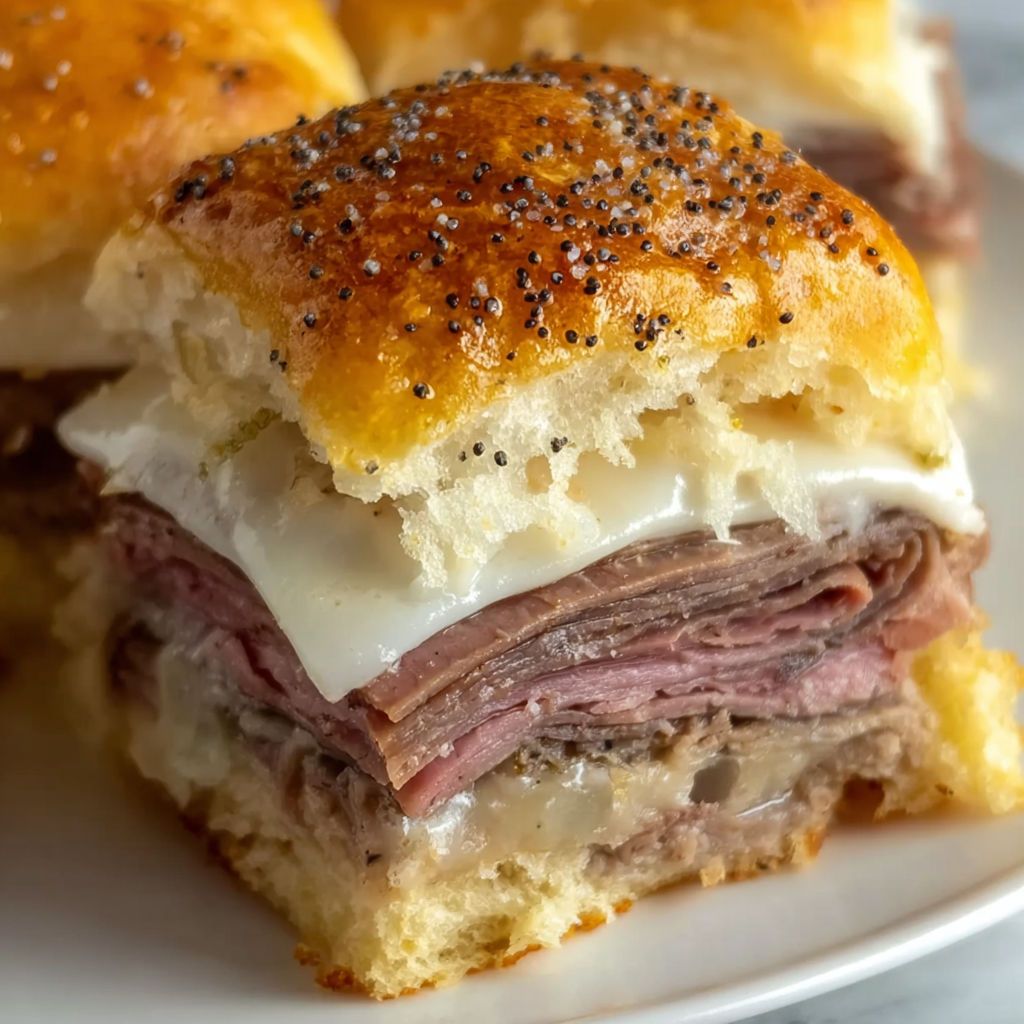 A plate of roast beef sliders on Hawaiian rolls.
