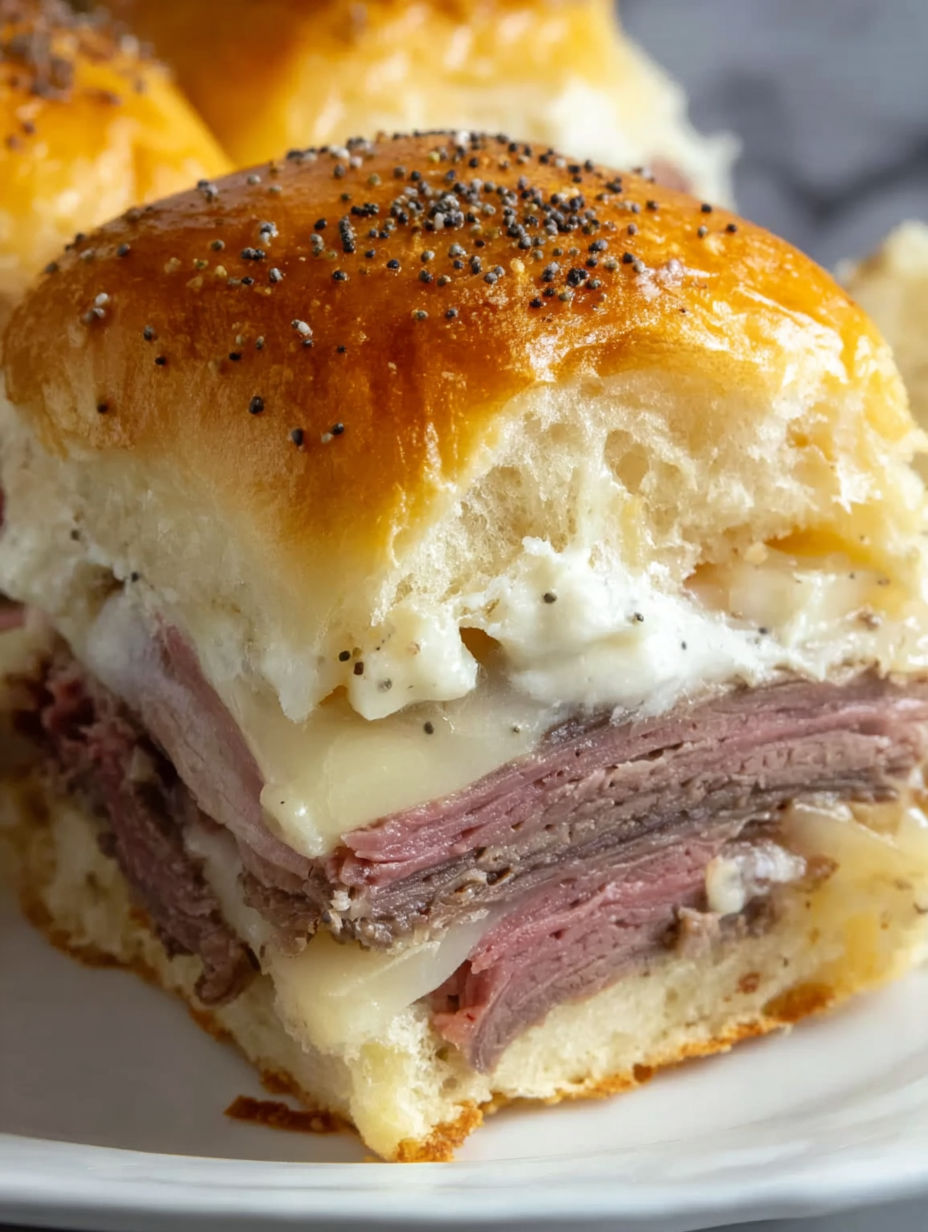 A roast beef sandwich on a Hawaiian roll.