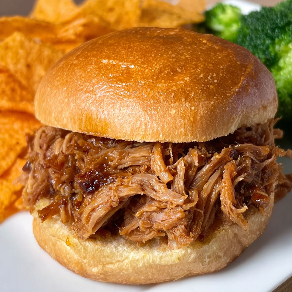 A sandwich with pulled pork on a bun.