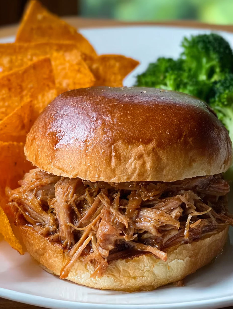 A sandwich with pulled pork and chips.