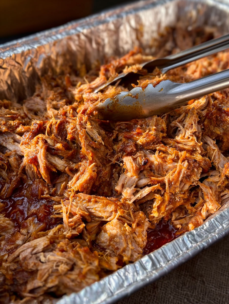 A fork is being used to serve a portion of farmhouse pulled pork.