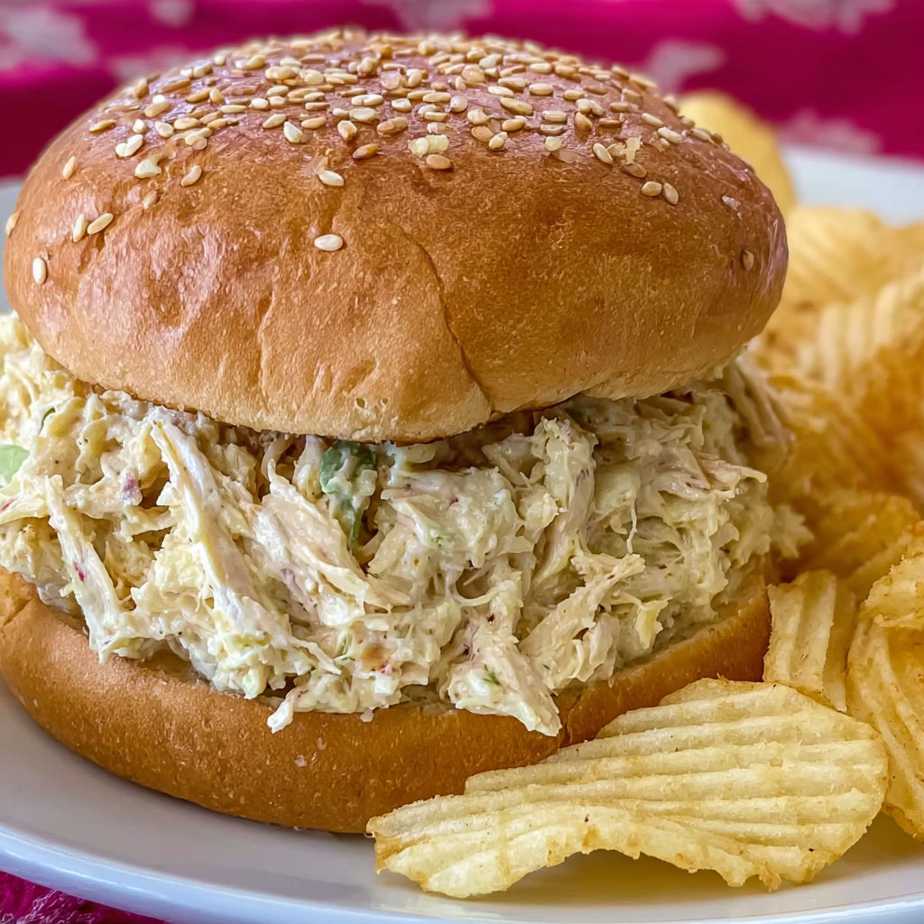 A sandwich with shredded chicken on a bun.