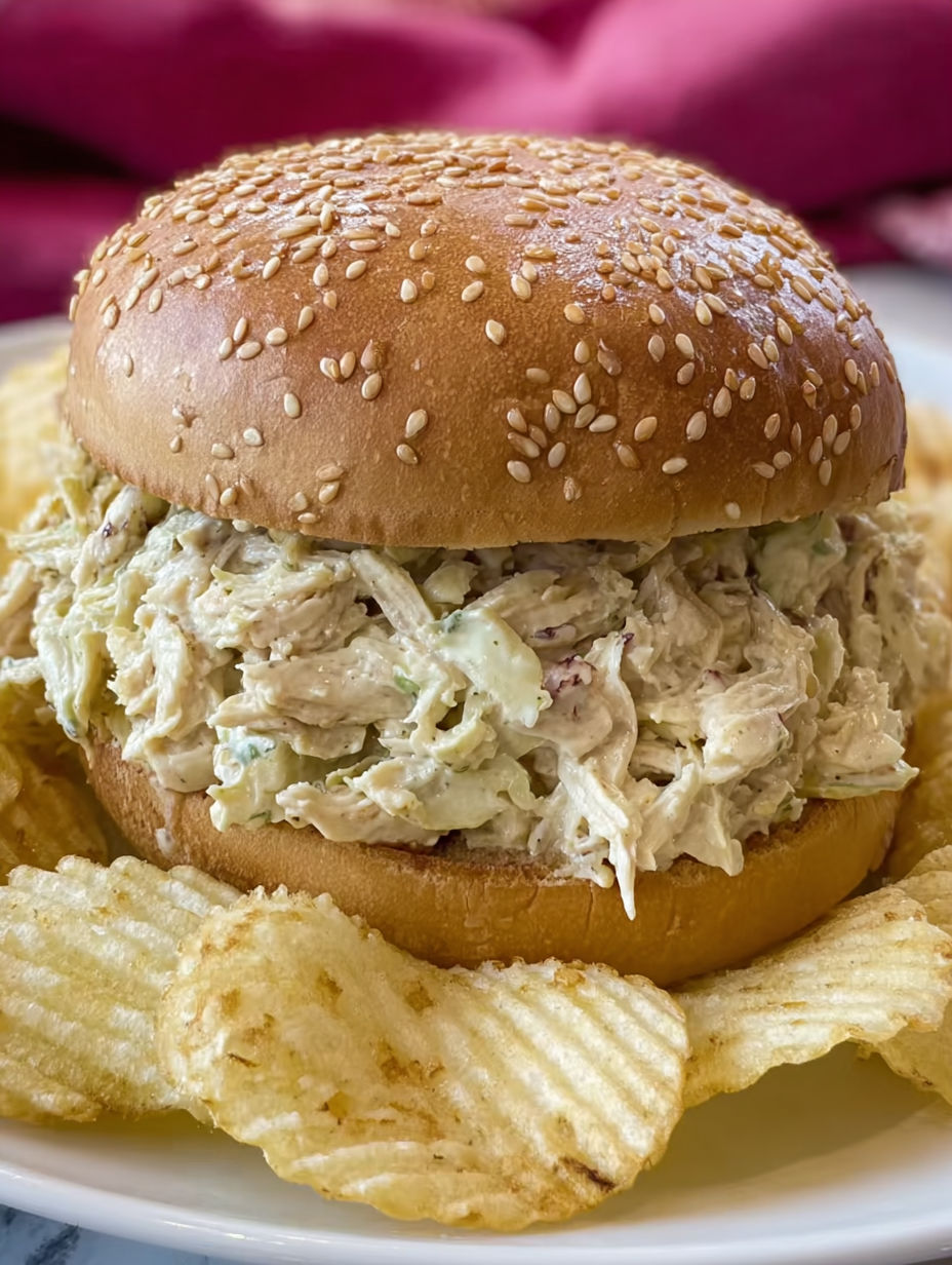 A shredded chicken sandwich with a bun and chips.