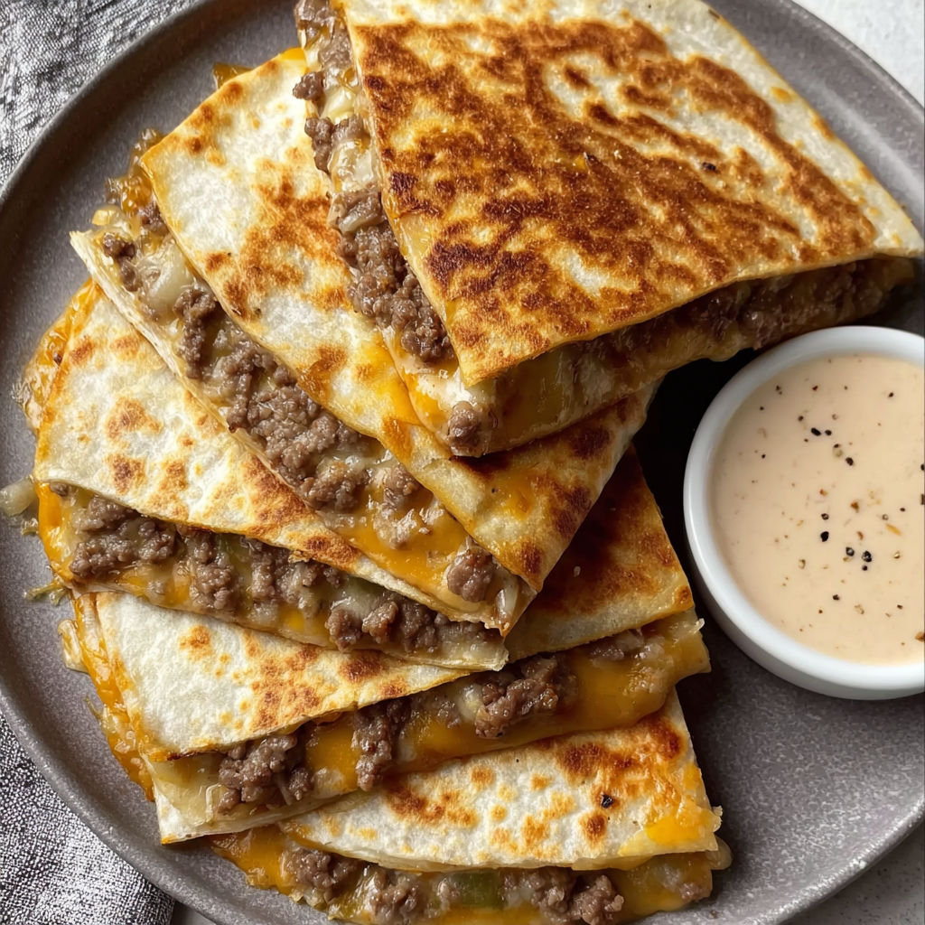 A plate of cheeseburger quesadillas with a bowl of dipping sauce.