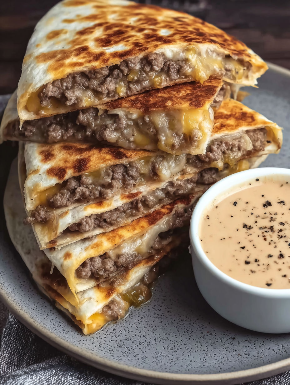 A plate of cheeseburger quesadillas with a bowl of dipping sauce.