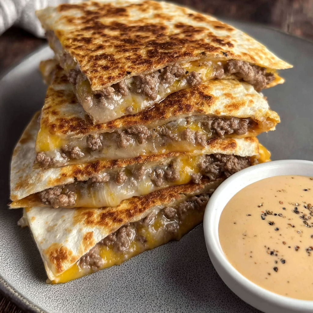 A plate of cheeseburger quesadillas with a bowl of dipping sauce.
