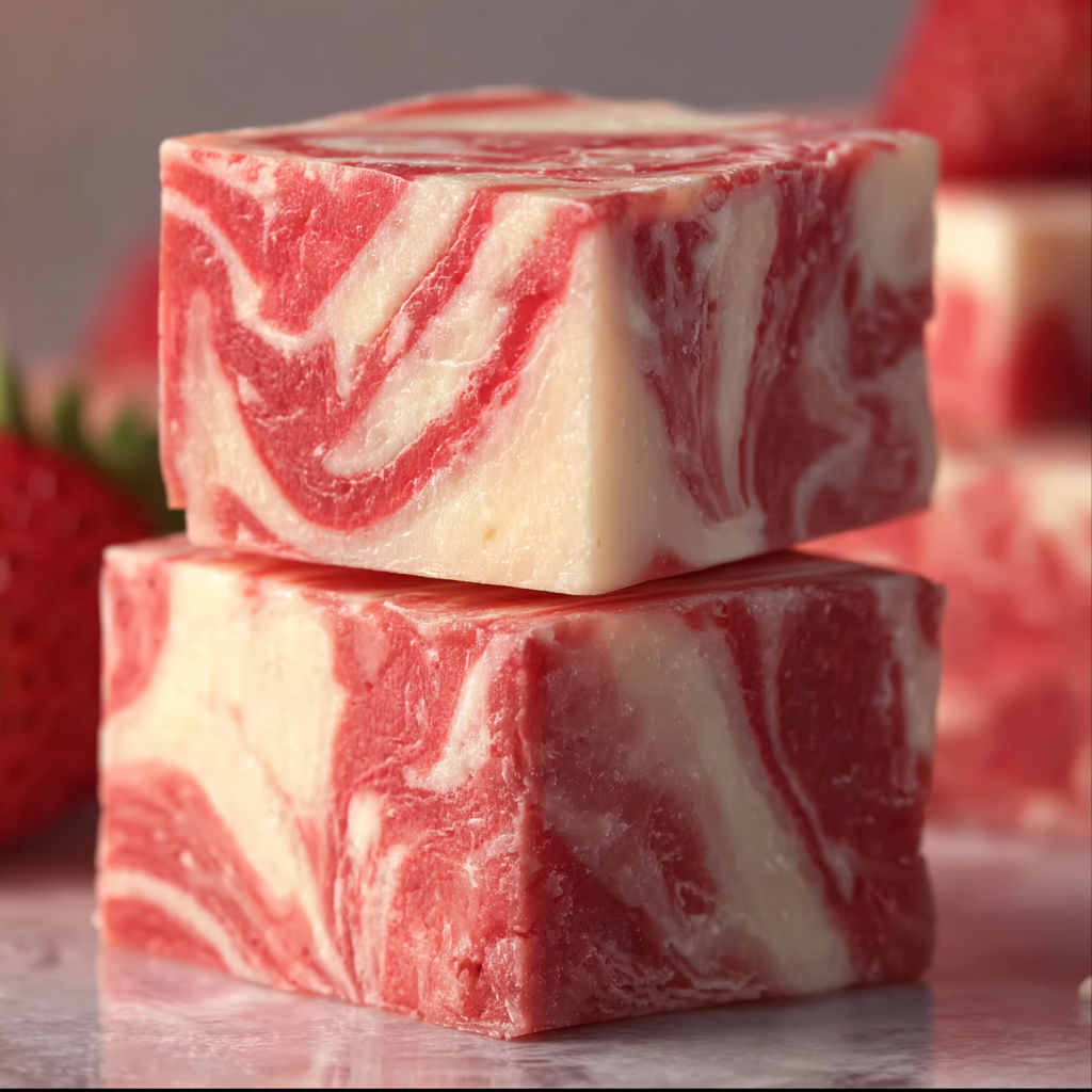 A close up of a piece of strawberry champagne fudge.