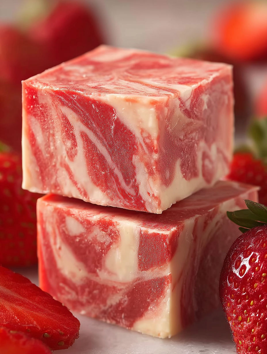 A piece of meat with strawberries on top.