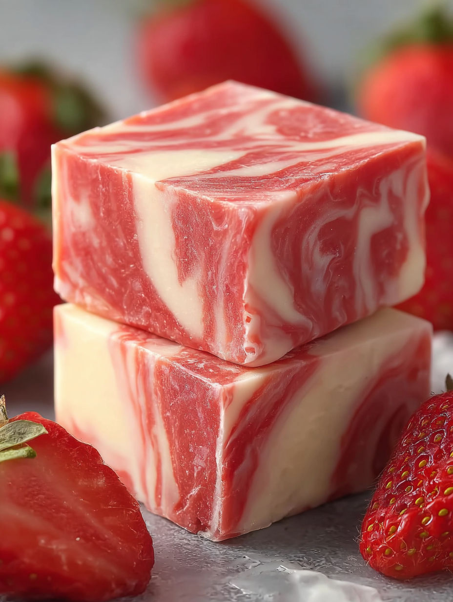 A piece of red meat with a white square on top.