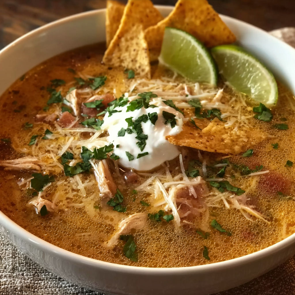 A bowl of chicken tortilla soup with chips on the side.