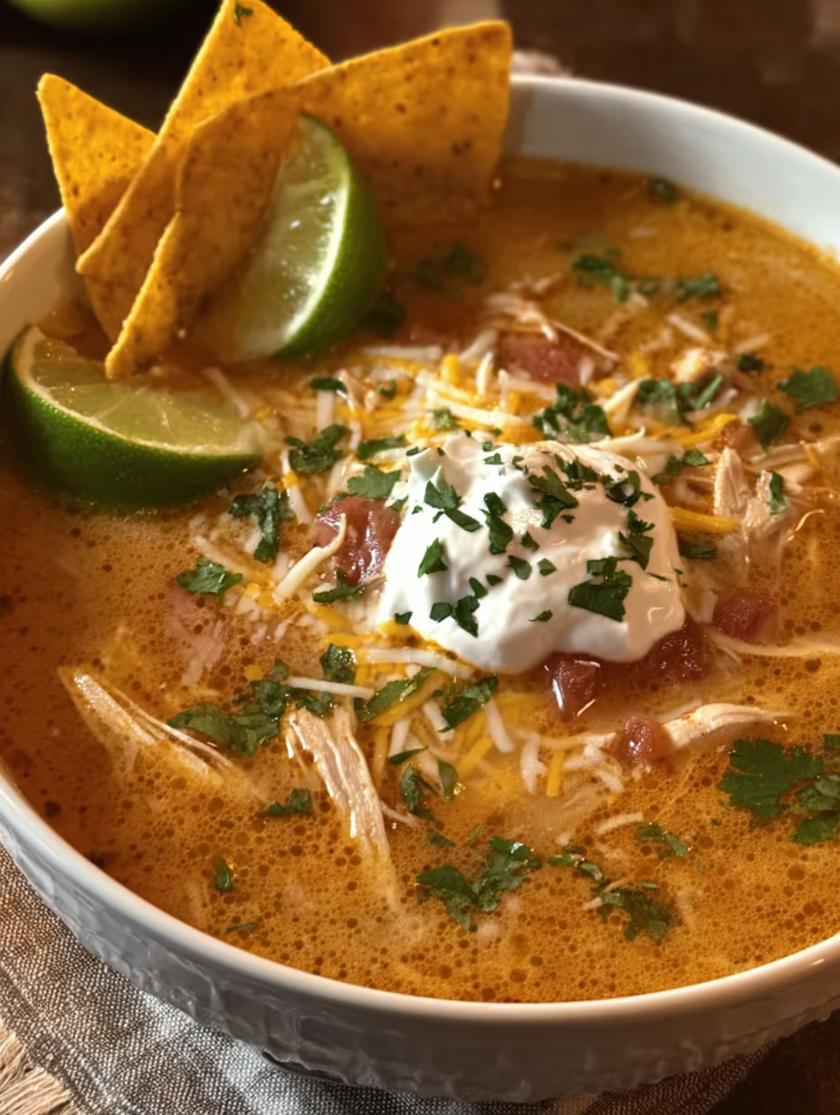 A bowl of chicken tortilla soup with a lime wedge and a spoon.