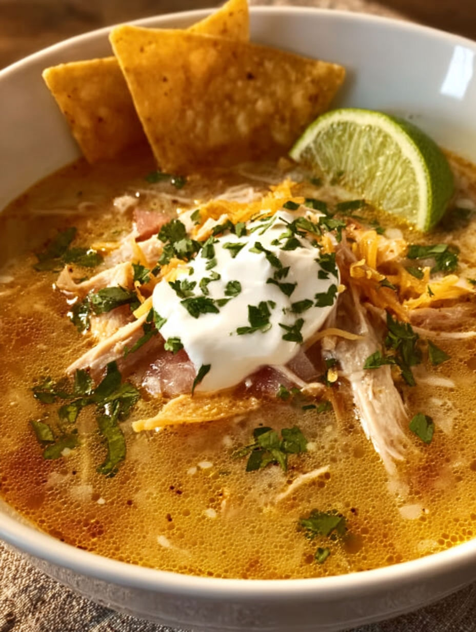 A bowl of chicken tortilla soup with a lime wedge.