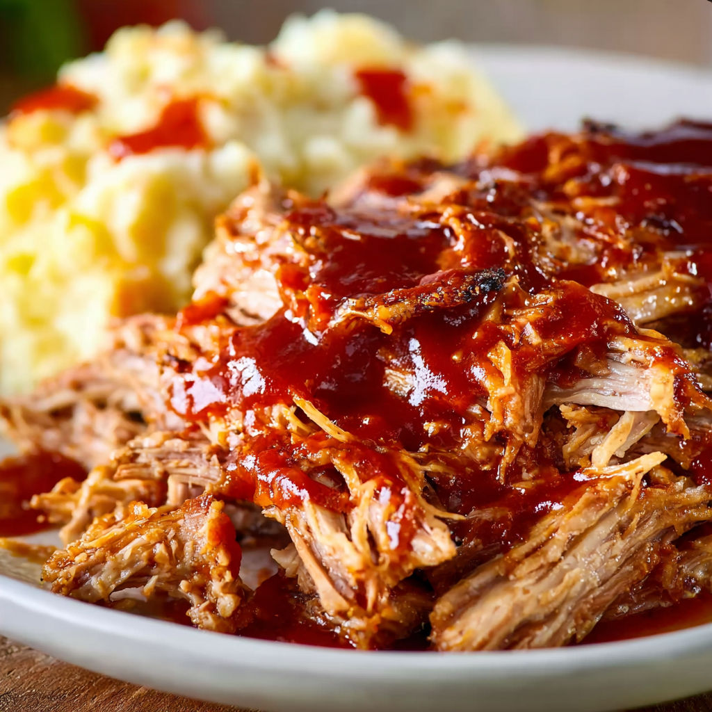 A plate of oven roasted pulled pork.