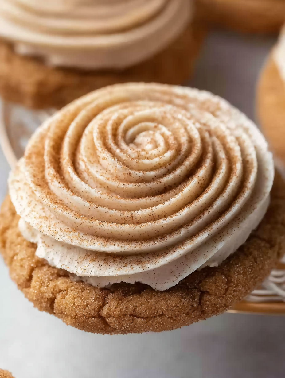 A cookie with a cinnamon swirl on top.
